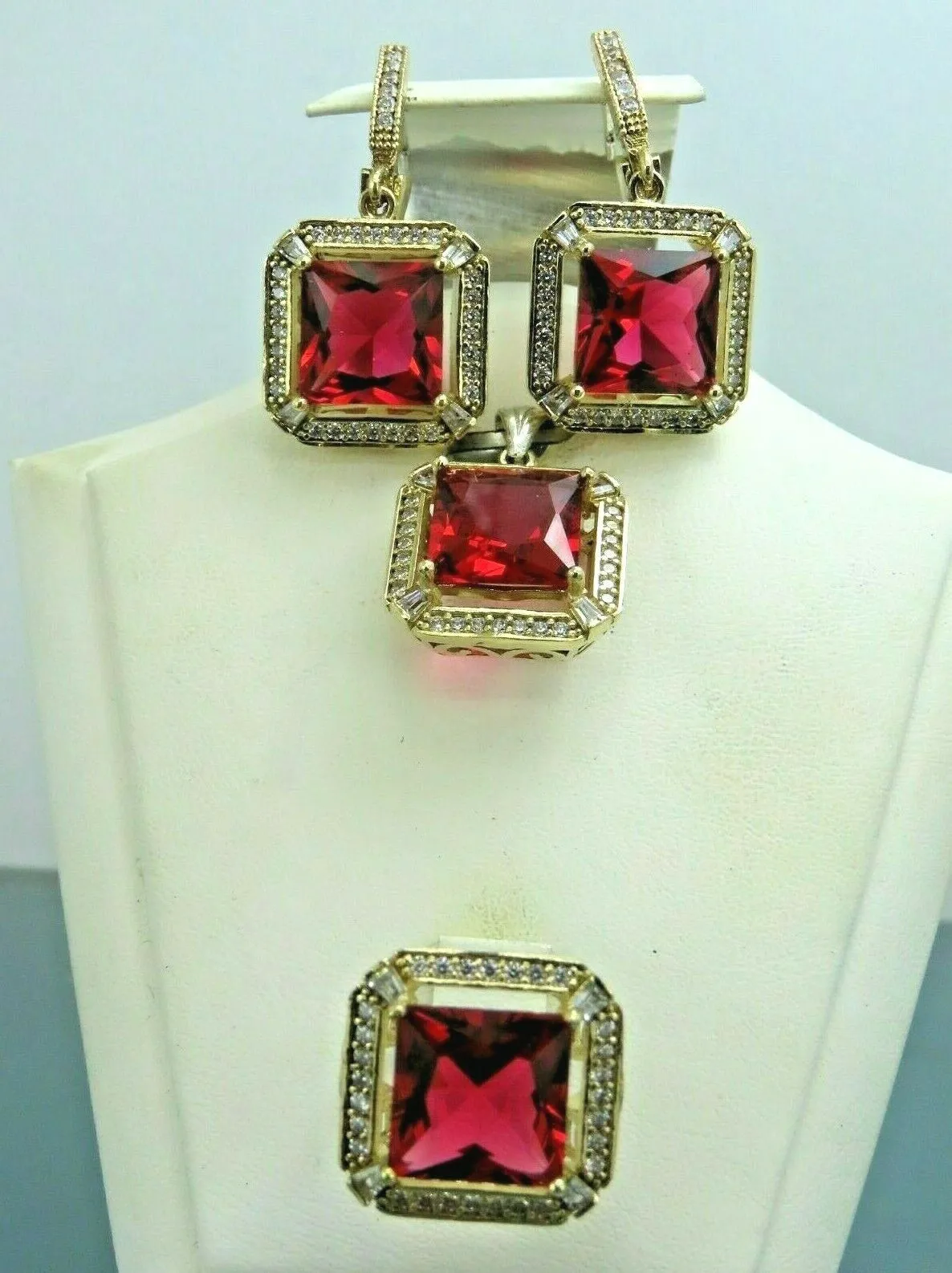 Turkish Handmade Jewelry 925 Sterling Silver Ruby Stone Women's Earrings, Pendant & Ring Jewelry Set