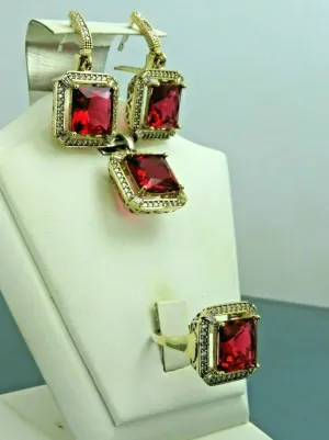 Turkish Handmade Jewelry 925 Sterling Silver Ruby Stone Women's Earrings, Pendant & Ring Jewelry Set