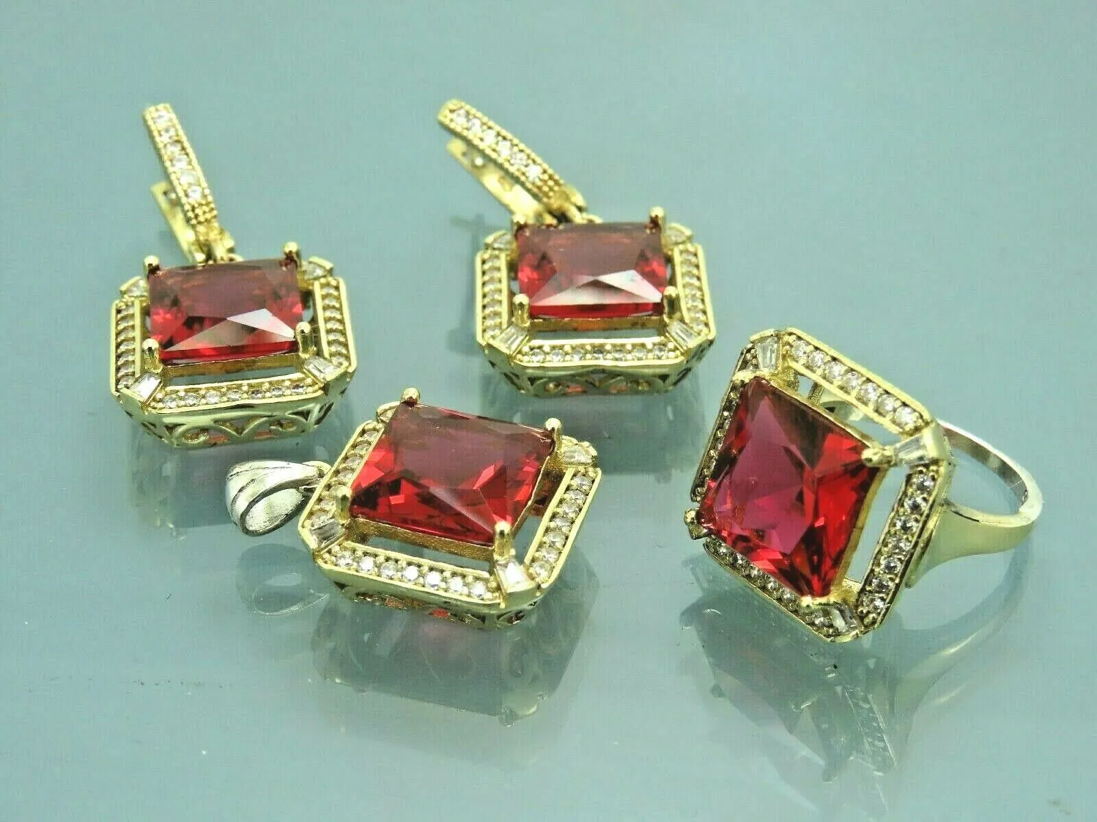 Turkish Handmade Jewelry 925 Sterling Silver Ruby Stone Women's Earrings, Pendant & Ring Jewelry Set