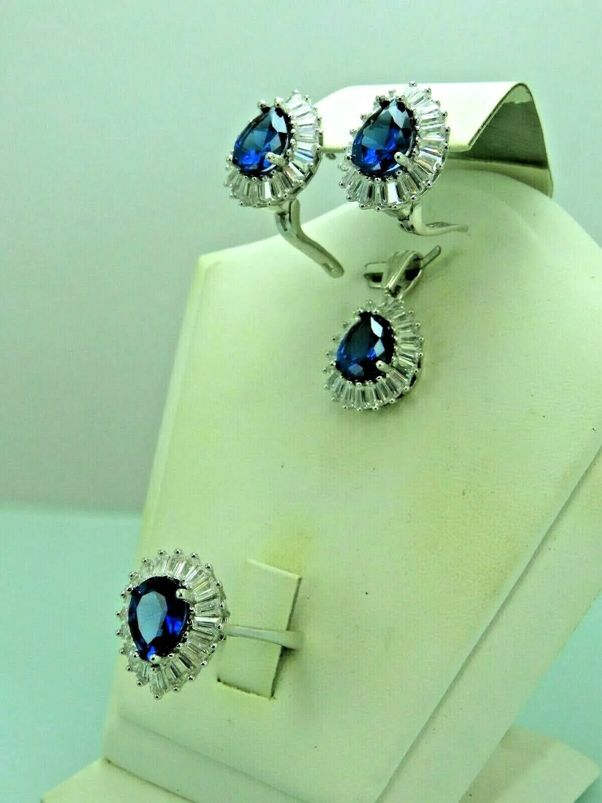 Turkish Handmade Jewelry 925 Sterling Silver Sapphire Stone Women's Earrings, Pendant & Ring Jewelry Set