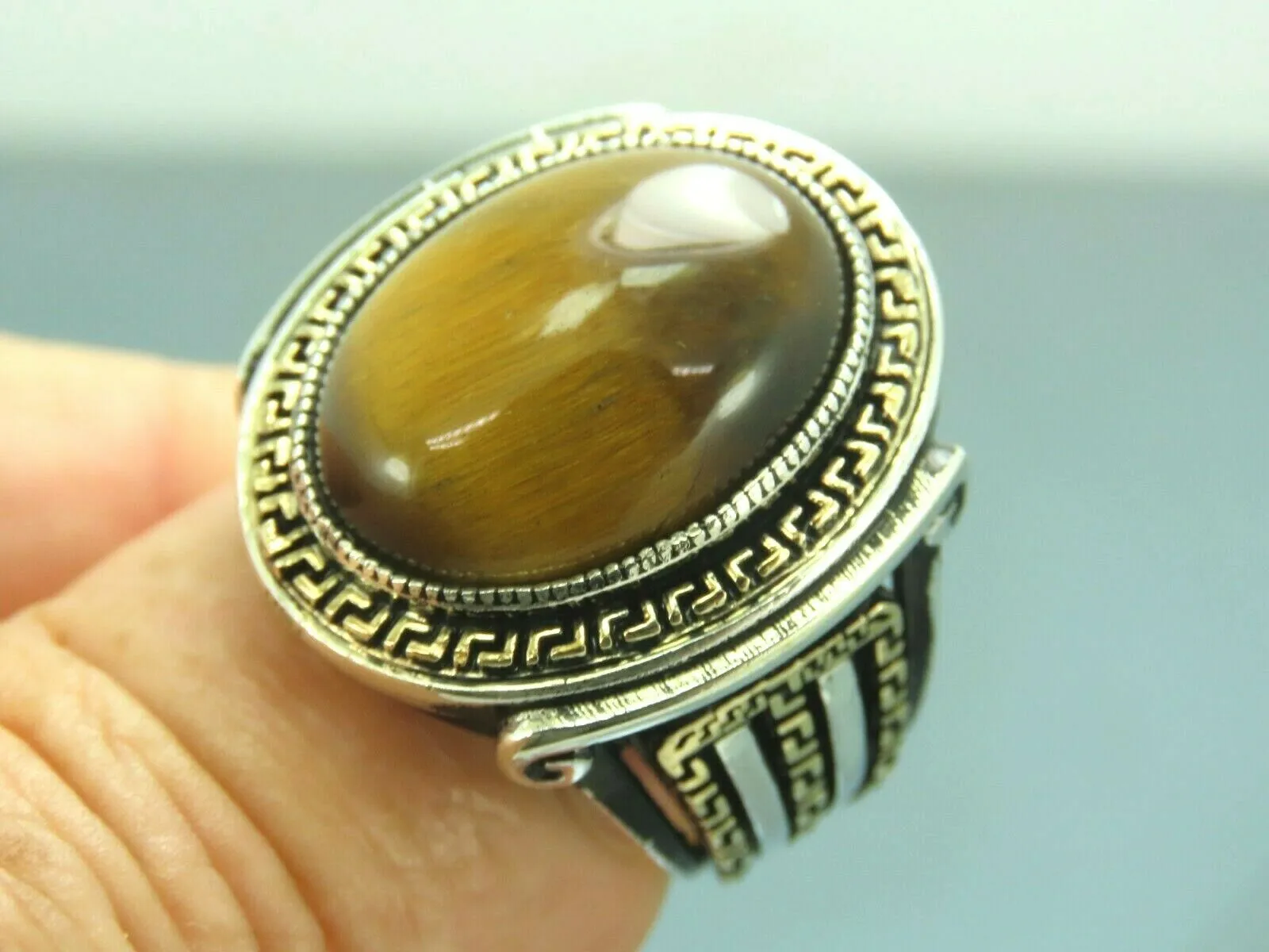 Turkish Handmade Jewelry 925 Sterling Silver Tiger's Eye Stone Mens Rings