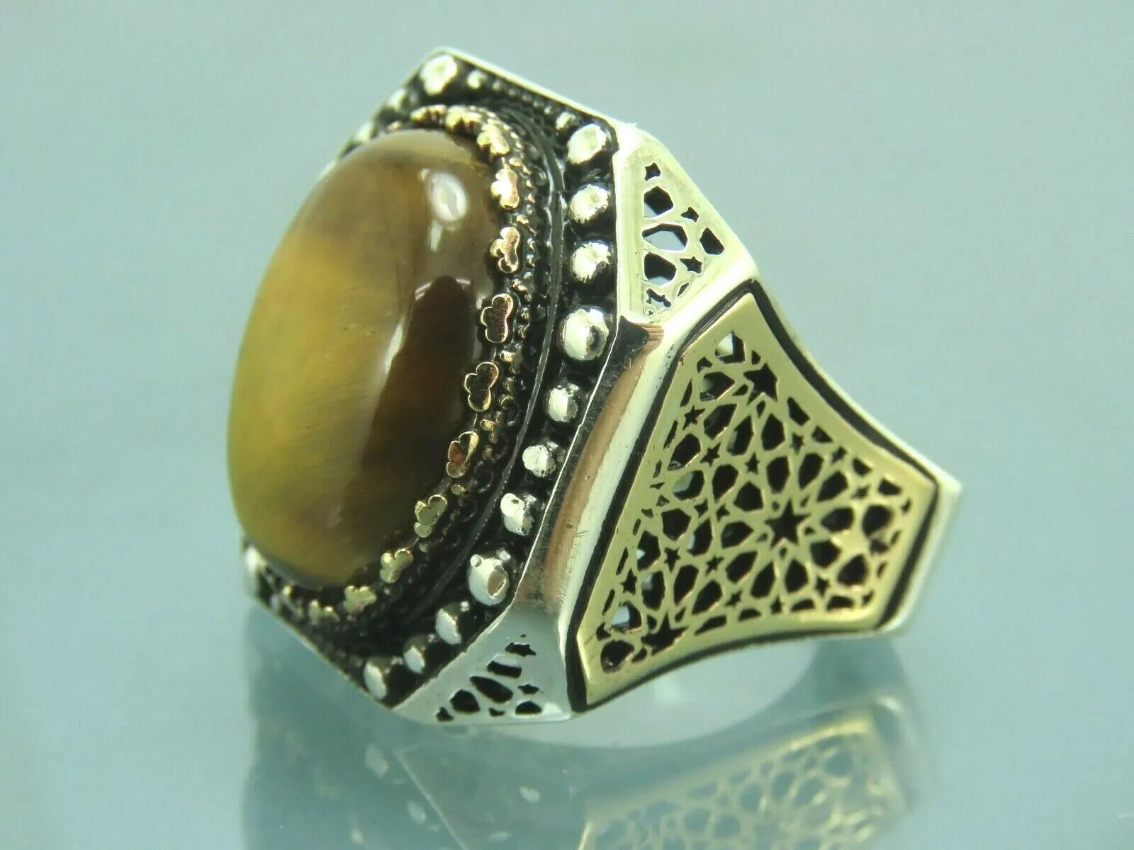 Turkish Handmade Jewelry 925 Sterling Silver Tiger's Eye Stone Mens Rings