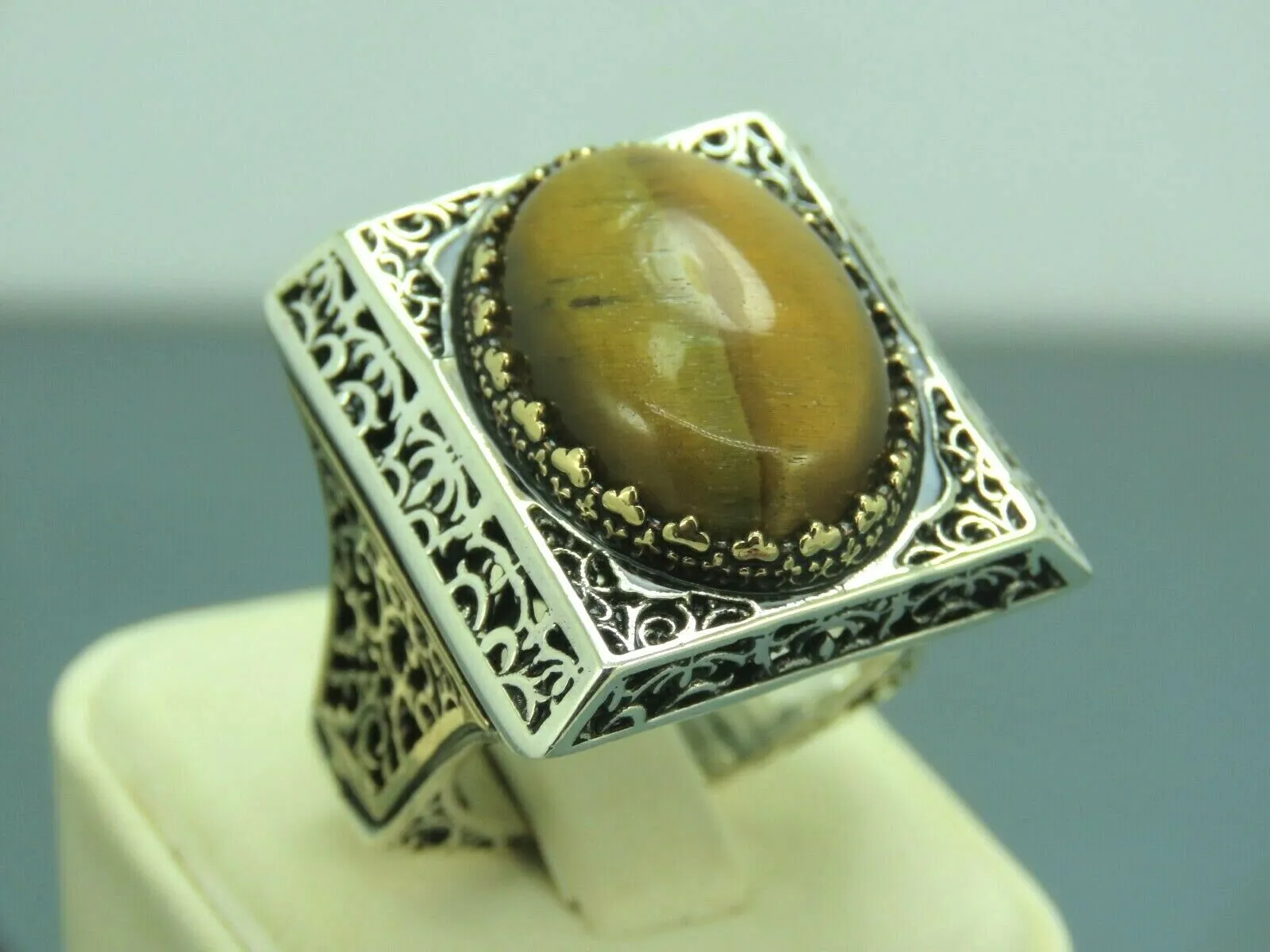 Turkish Handmade Jewelry 925 Sterling Silver Tiger's Eye Stone Mens Rings