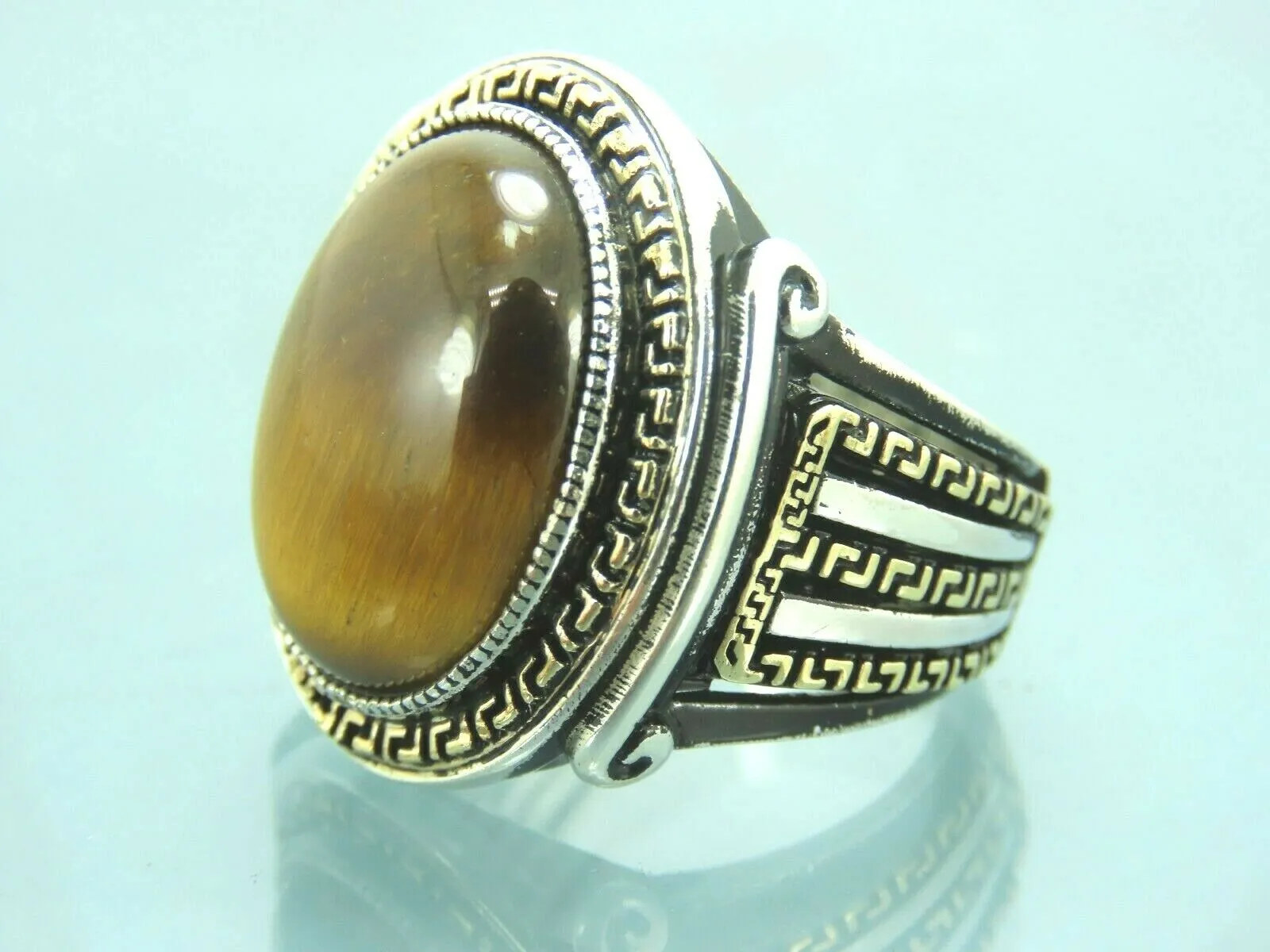 Turkish Handmade Jewelry 925 Sterling Silver Tiger's Eye Stone Mens Rings