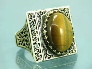 Turkish Handmade Jewelry 925 Sterling Silver Tiger's Eye Stone Mens Rings