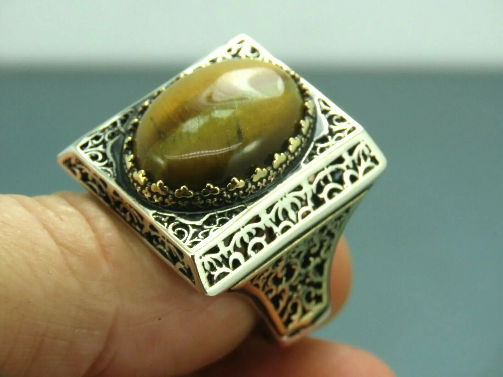 Turkish Handmade Jewelry 925 Sterling Silver Tiger's Eye Stone Mens Rings