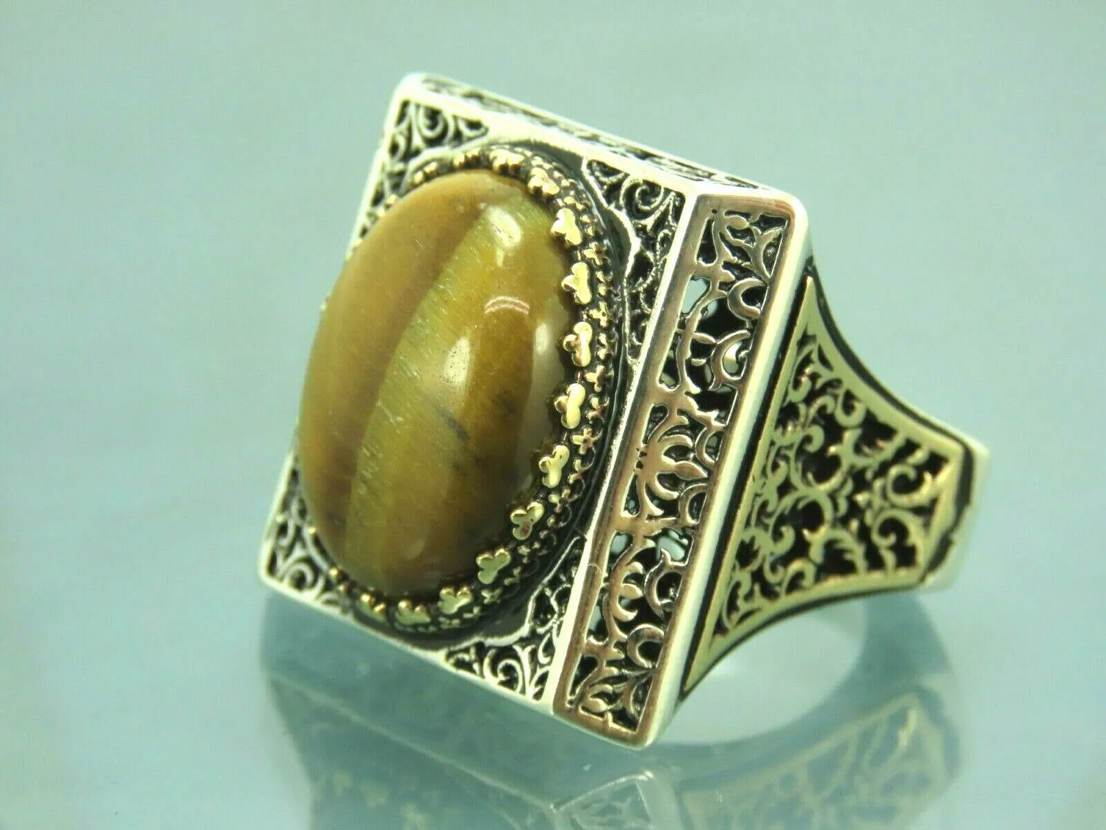 Turkish Handmade Jewelry 925 Sterling Silver Tiger's Eye Stone Mens Rings