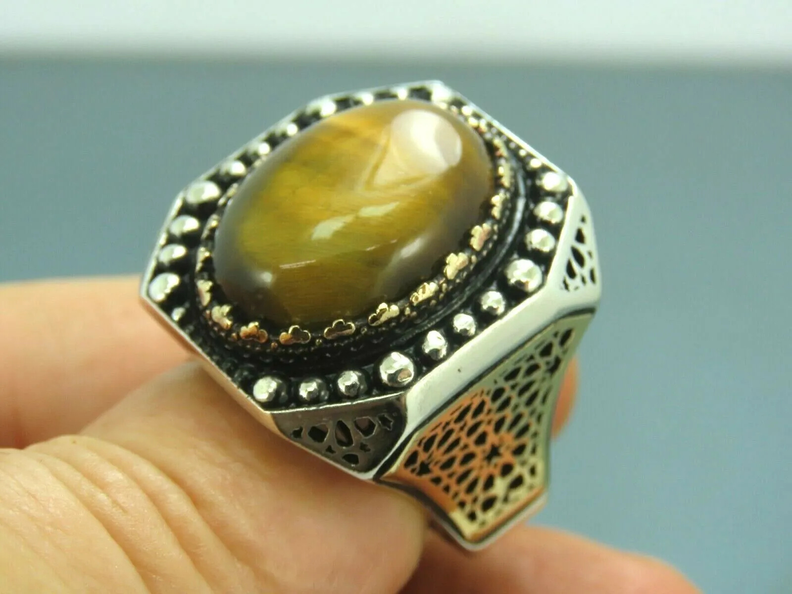 Turkish Handmade Jewelry 925 Sterling Silver Tiger's Eye Stone Mens Rings