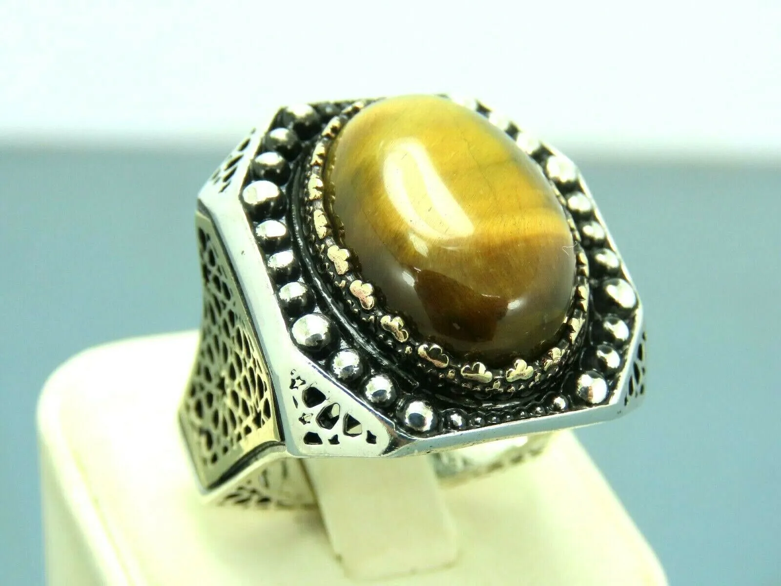 Turkish Handmade Jewelry 925 Sterling Silver Tiger's Eye Stone Mens Rings