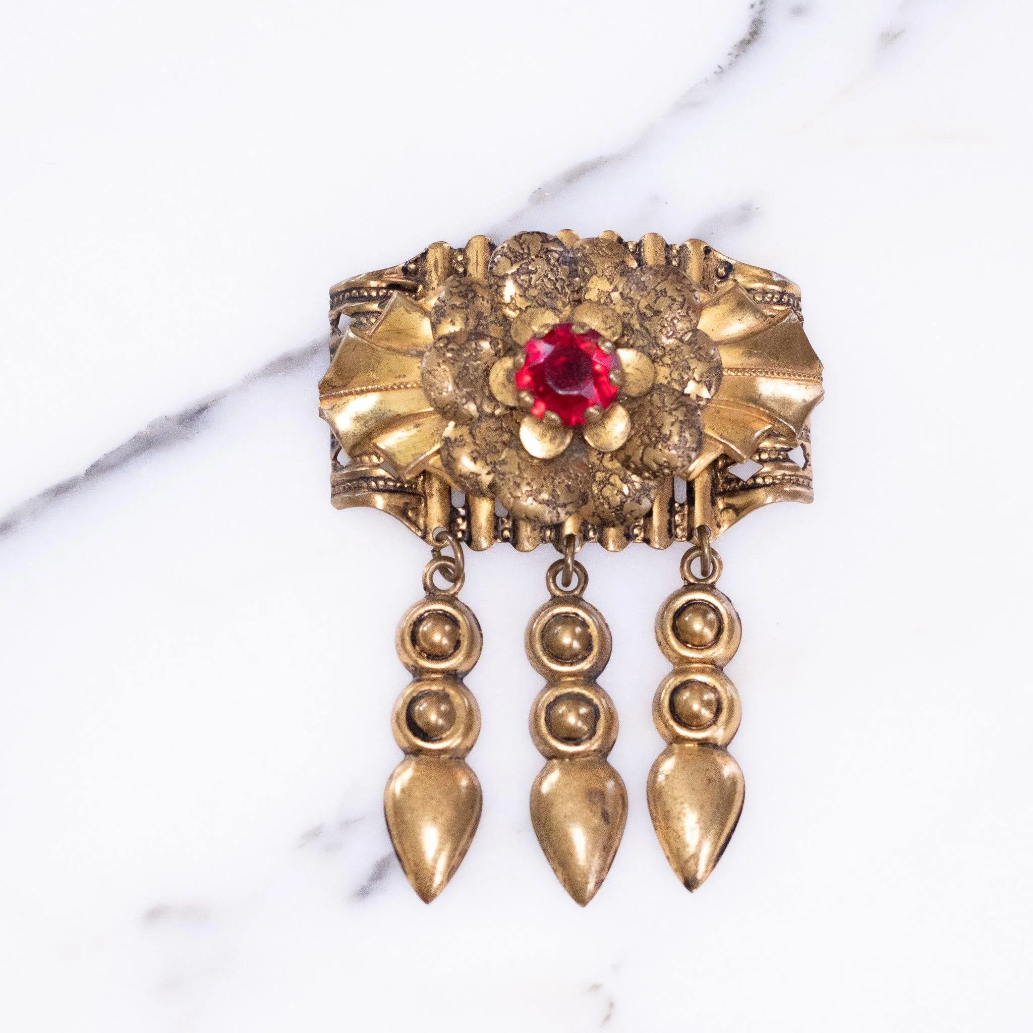 Vintage 1940s Gilt Brooch with Dangles and Red Rhinestone
