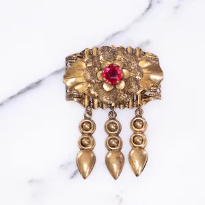 Vintage 1940s Gilt Brooch with Dangles and Red Rhinestone