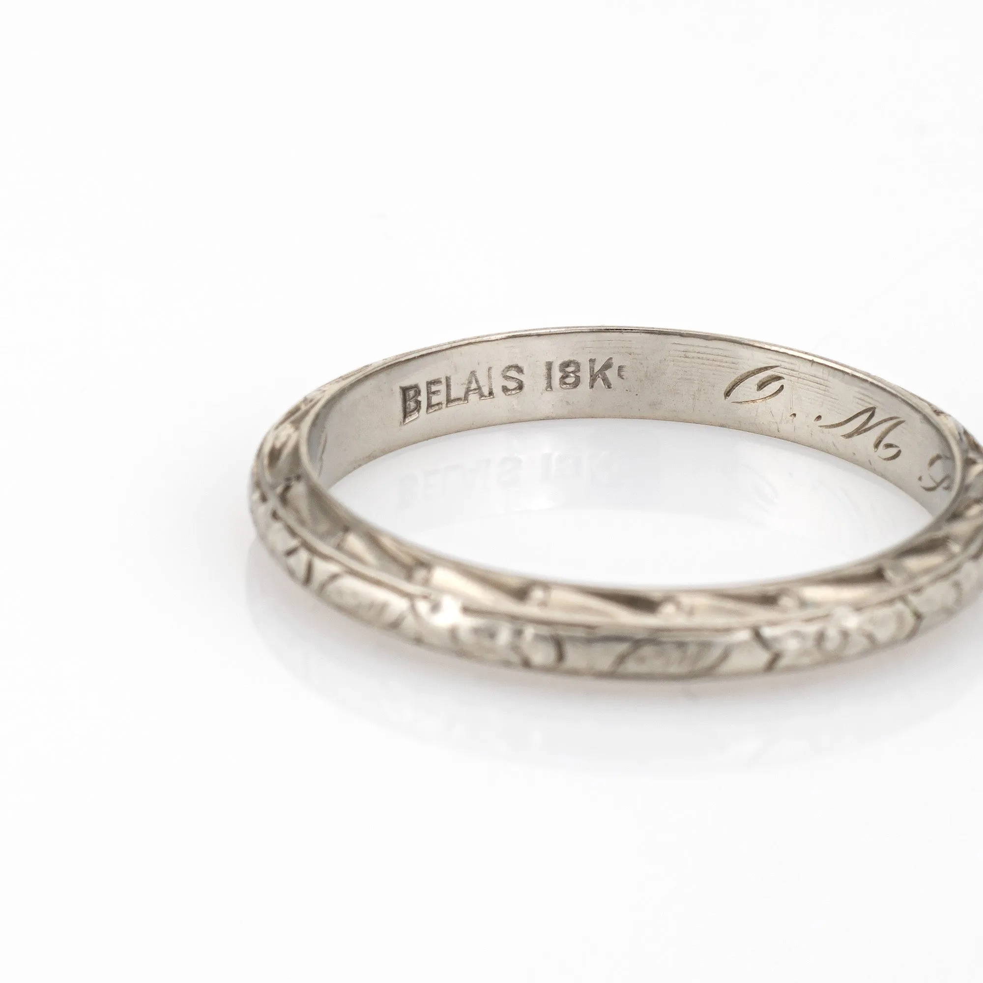 Vintage Art Deco Belais Wedding Band Sz 8.5 18k White Gold Ring Vintage Fine