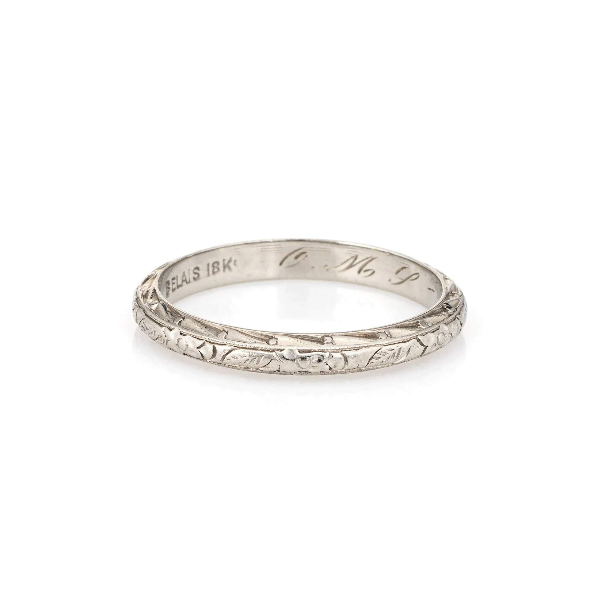 Vintage Art Deco Belais Wedding Band Sz 8.5 18k White Gold Ring Vintage Fine