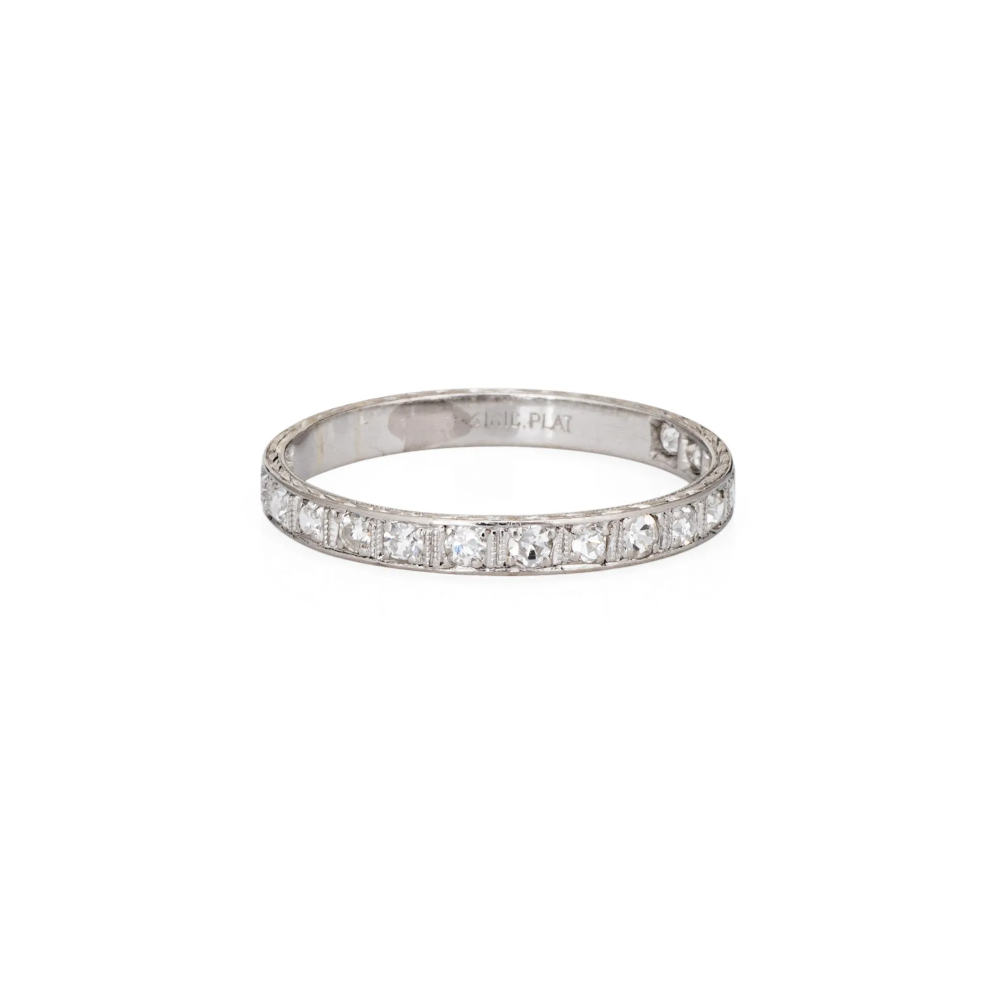 Vintage Art Deco Diamond Eternity Ring Sz 7.5 Platinum Etched Wedding Band
