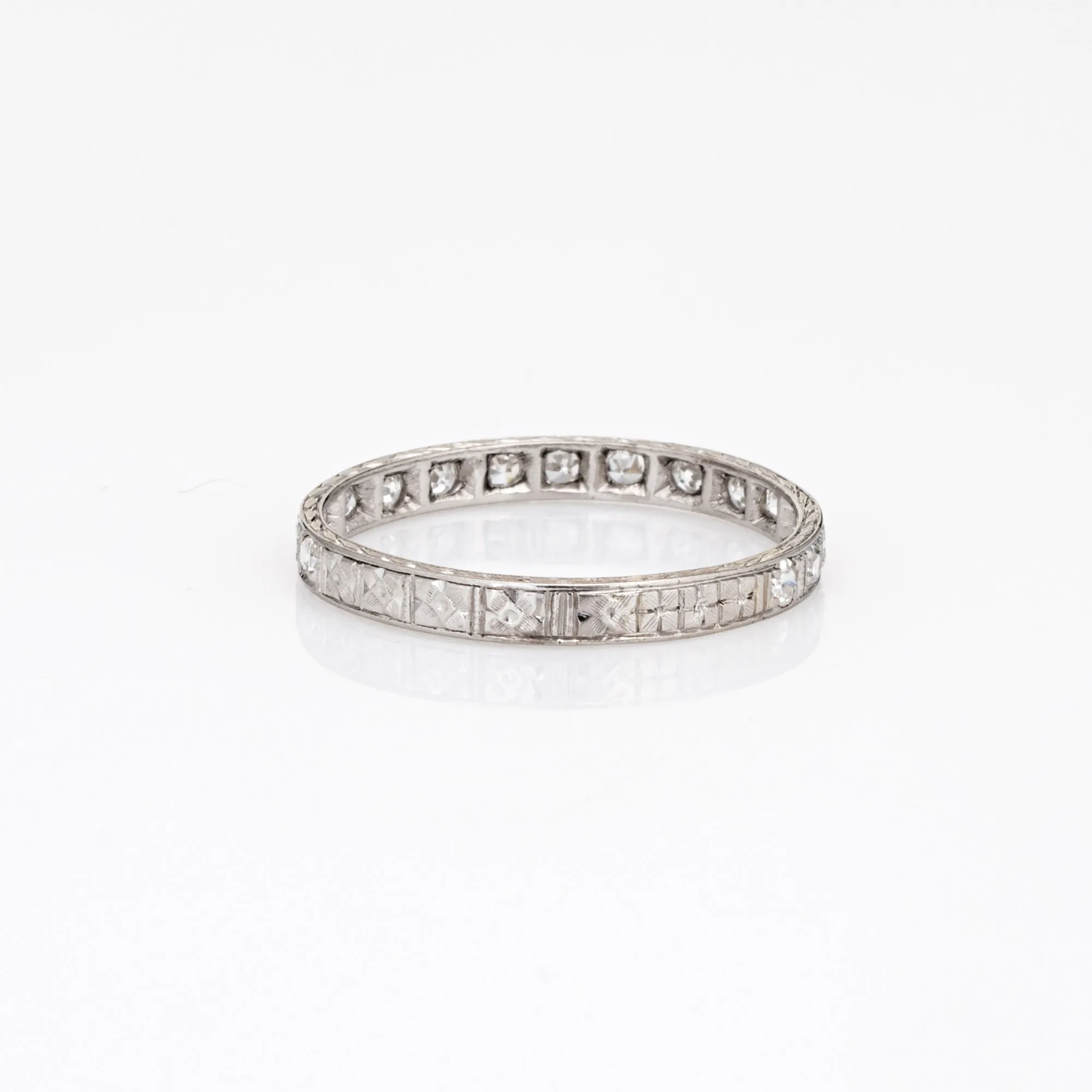 Vintage Art Deco Diamond Eternity Ring Sz 7.5 Platinum Etched Wedding Band
