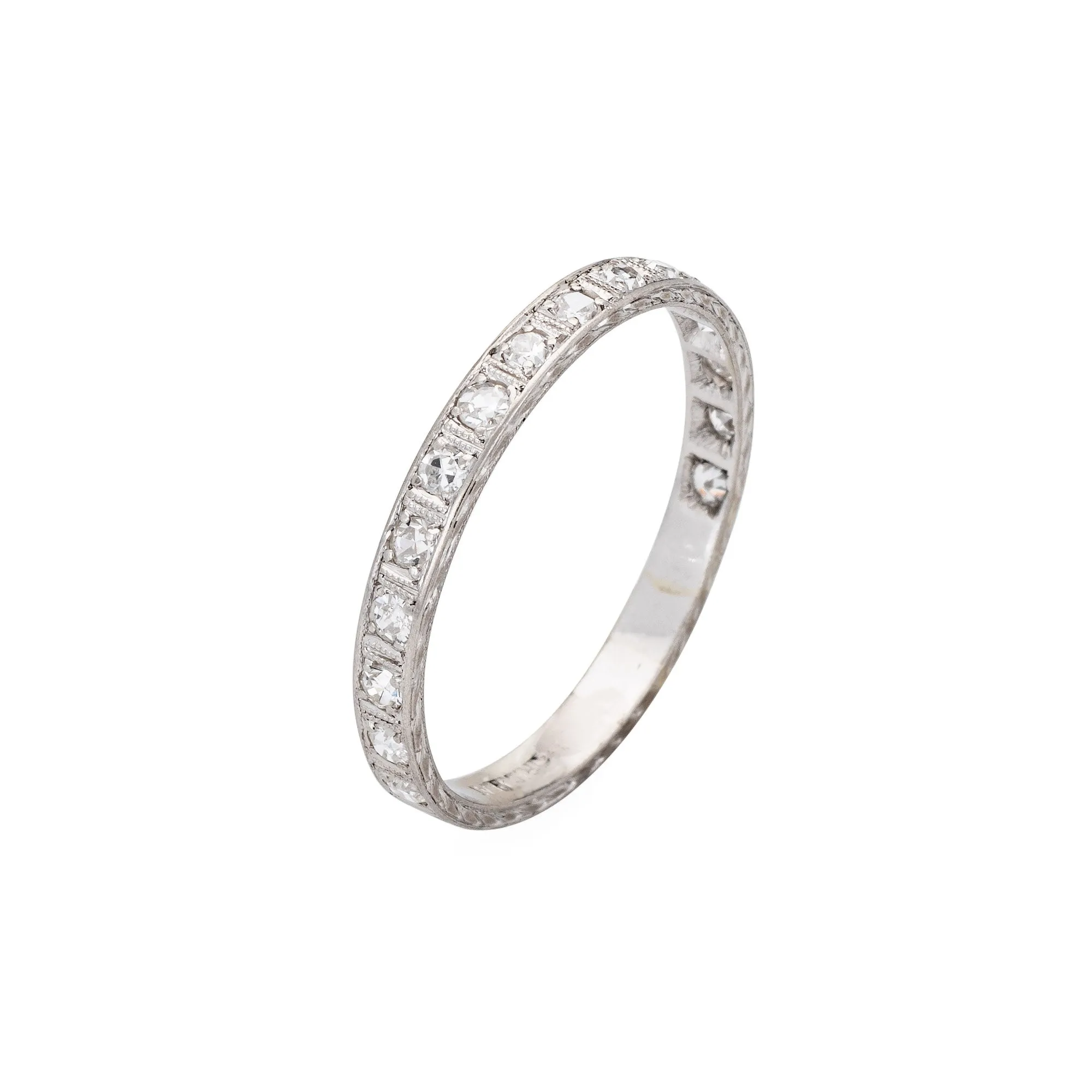 Vintage Art Deco Diamond Eternity Ring Sz 7.5 Platinum Etched Wedding Band