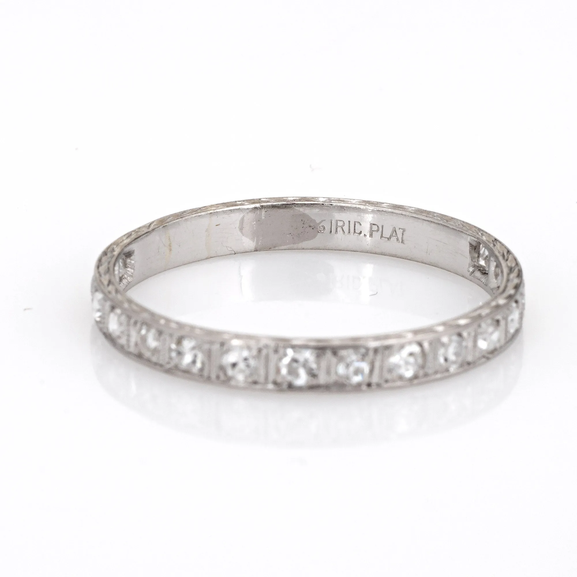 Vintage Art Deco Diamond Eternity Ring Sz 7.5 Platinum Etched Wedding Band