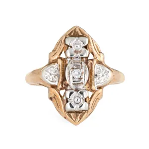Vintage Diamond Shield Ring 14k Two Tone Yellow Gold Estate Fine Jewelry Sz 7.25