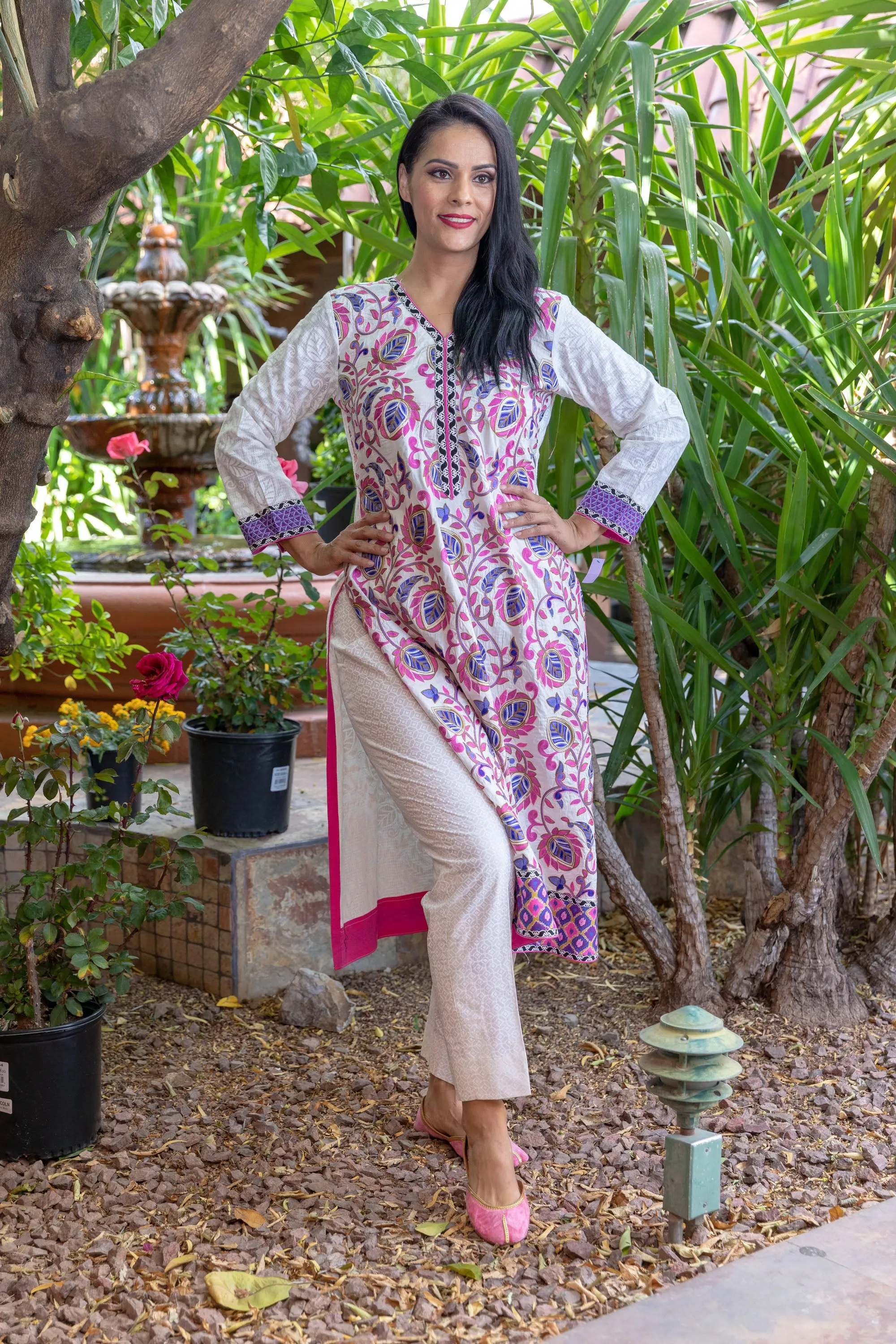 White Cotton Purple-Pink Embroidery Suit Salwar Kameez